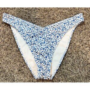 Hollister Swim Women's Ribbed High-Leg Cheeky Bikini Bottom ~ Blue Floral Medium